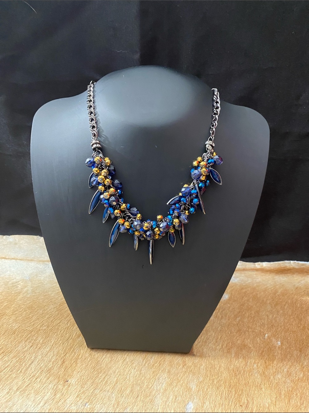 Source Unknown Blue and Gold Cluster Spike Necklace